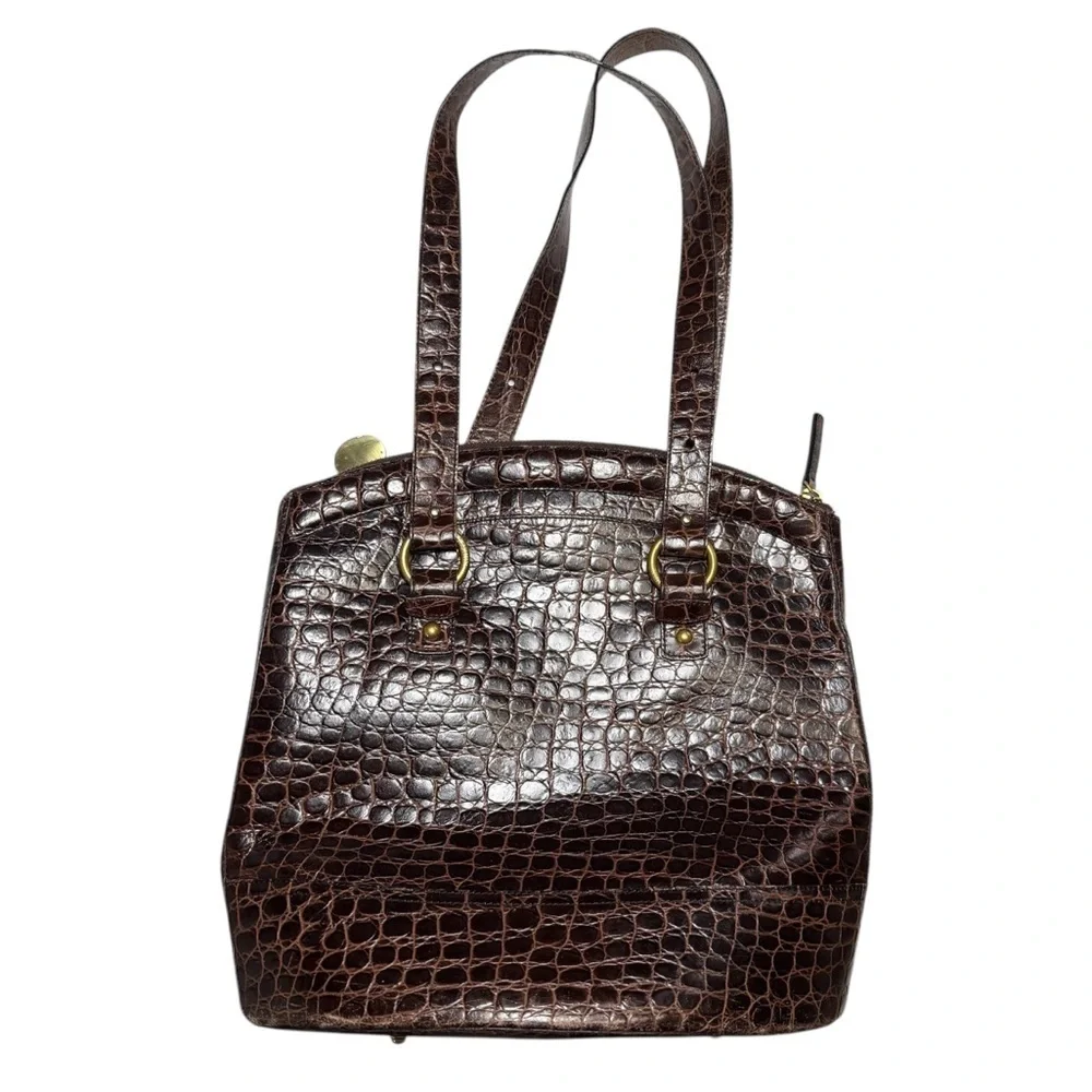 Brahmin Brown Hobo Bag Crocodile Embossed Gold Hardware Travel Tote Croc Leather